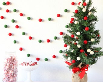 Christmas Garland, Pom Pom Garland, Felt Banner, Felt Garland, Mantle Decor, Xmas Tree Decor, Rustic Tree Trim, Wall Hanging, Party Decor