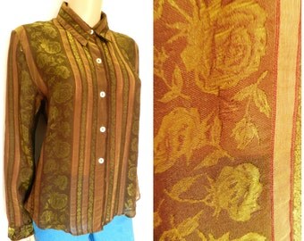 90’s VISCOSE semi sheer shimmering gold rust + olive green ROSES stripy blouse u.k. 12 – 14 M