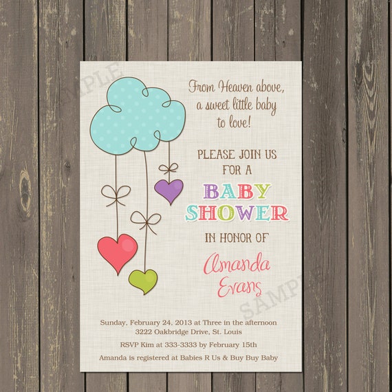 Heart Baby Shower Invitation, Hearts from Heaven Baby Shower Invitation, Heaven Sent Shabby Chic Baby Shower Invite, Printable or Printed Il_570xn