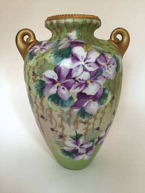 ANTIQUE NIPPON VASE Hand Painted Purple Flowers With Gold