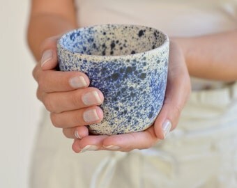Ceramic tumbler, handmade pottery, Japanese pottery, tea cup, tea bowl, white and blue pottery, ceramic art, modern pottery, made for order