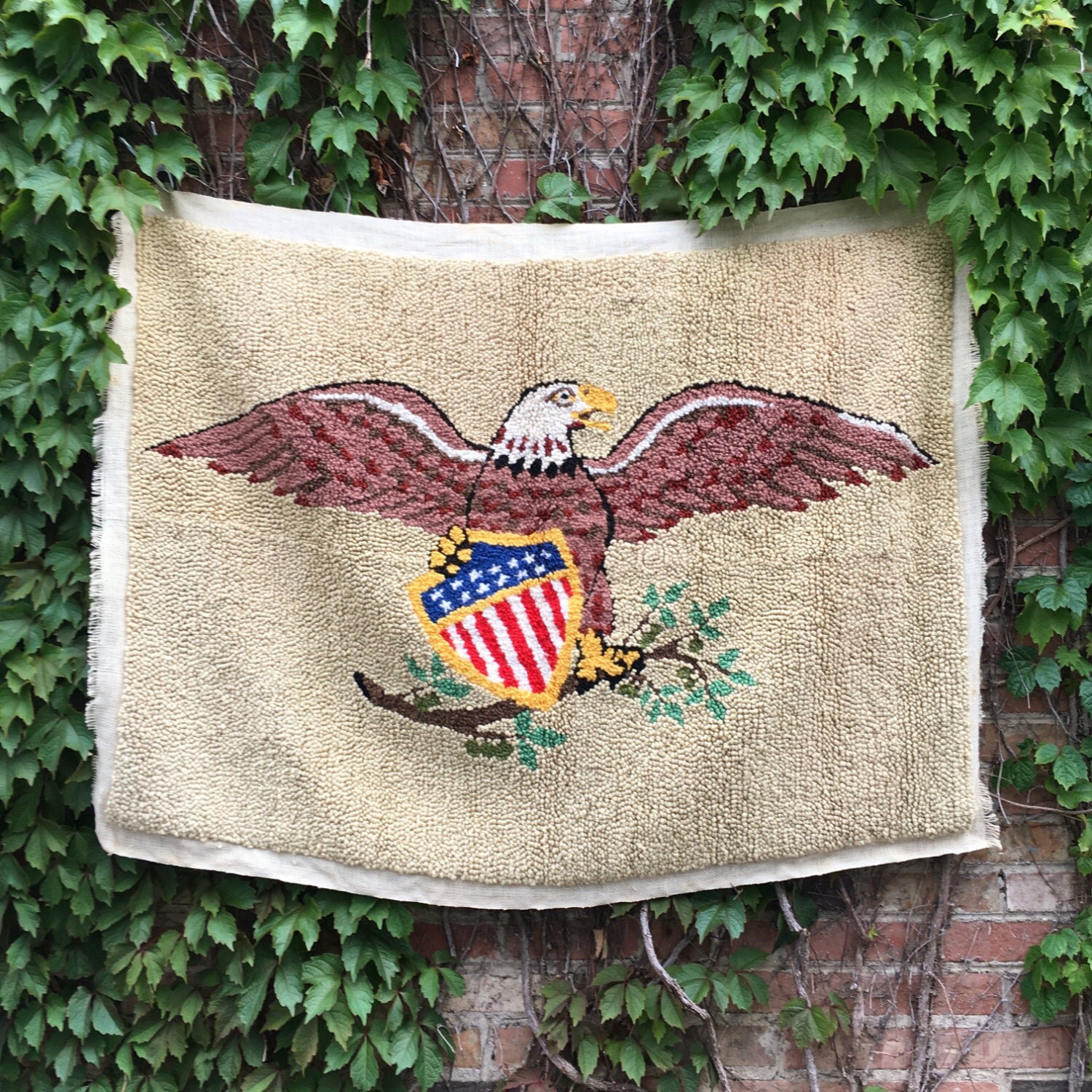 Antique Hooked American Eagle Rug Wall Hanging, Hooked Rug, Hooked Wall