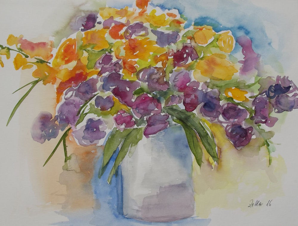 Atmospheric Flower Painting Bouquet of Flowers Watercolor