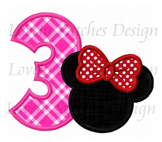 Minnie Mouse Number 3 Applique Machine Embroidery Design