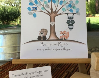 Customizable Thumb print tree guest book, Owl and fox Fingerprint tree guest book, woodland animals baby shower guest book finger print tree