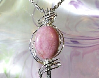 Pink Agate Womans Pendant Necklace Wire Wrapped Jewelry Handmade in Silver With Free Shipping
