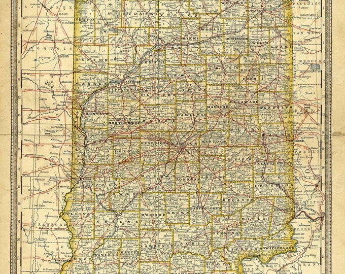 Old map of Indiana (1897) Indiana map, Large Indiana Map, antique Indiana Restoration Hardware Style Vintage Indiana map, Indiana State Map