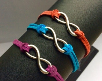 Infinity charm bracelet friendship unisex suedette cord women men purple red blue white silver black brown gift for him her handmade uk