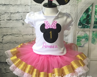 Minnie Mouse Birthday, Minnie Mouse birthday outfit, Minnie Mouse 1st Birthday outfit, Pink and gold tutu, Pink and gold birthday,