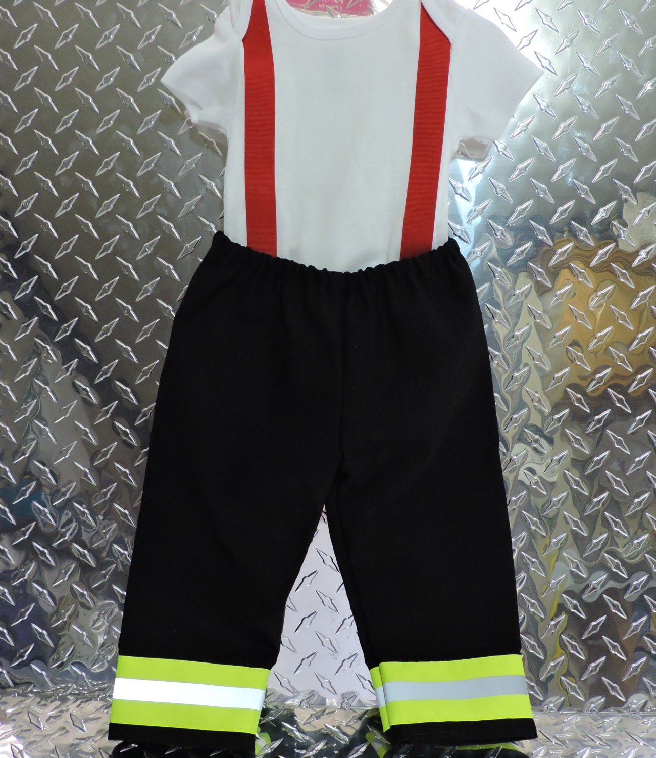 Firefighter Baby Boy Outfit BLACK with RED suspenders with