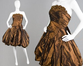Vintage 80s JEAN LOUIS SCHERRER Couture Dress Puffball Dress Red Carpet Dress Evening Dress Designer Dress Bronze Shot Silk Taffeta Beaded