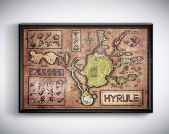 Map of Hyrule from Legend of Zelda, Ocarina of Time - English or Hylian, Zelda Map, Hyrule Map 11x17 or 13x19