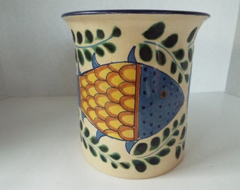 large 6.5" hand painted fish utensil holder Kitchen container pot planter vase Mexican folk art