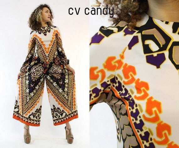 70s Wide Leg Pantsuit ETHNIC Print BOHEMIAN Boho 1970s Vintage