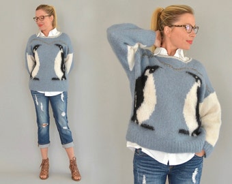 Vintage 80s Black Pink Mohair Pattern Knit Sweater 12 14 M