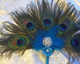 Peacock Feather Fan Burlesque Boudoir Bridesmaid Bride or Decoration - Made to order