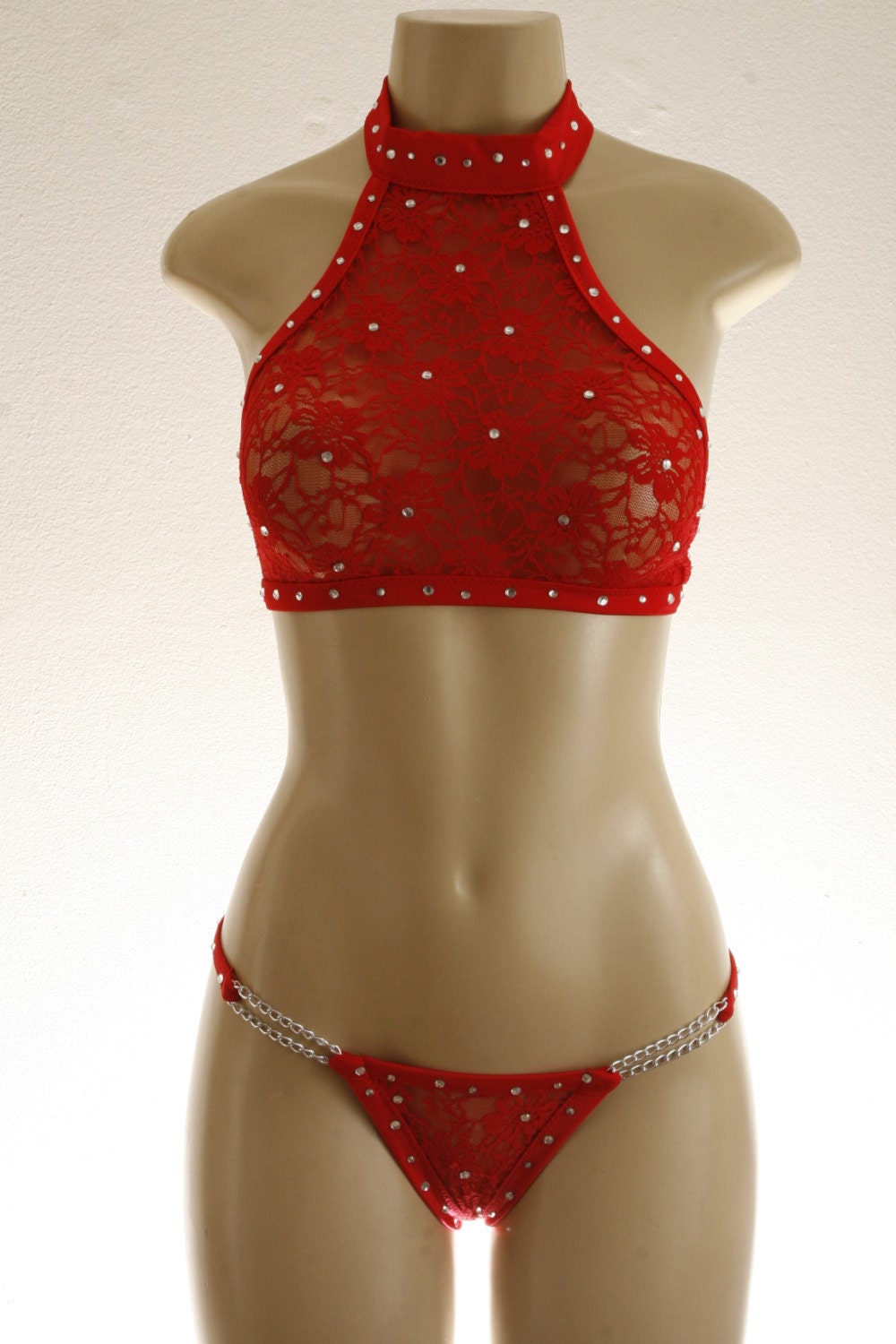 Exotic Dancewear Red lace 2 piece set