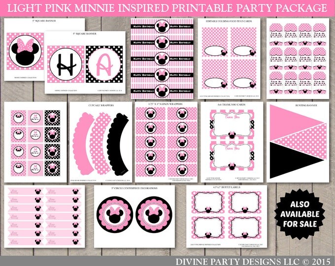 SALE INSTANT DOWNLOAD Editable Light Mouse Flat Buffet or Food Labels / Add Text / Light Pink Minnie Mouse Collection / Item #1816