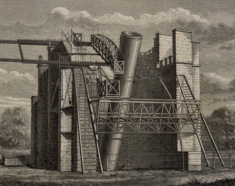 1877.Astronomy.Antique print Lithograph.The big telescope of Lord Rosse.137 years old print.Old Astronomy print.10x7 ins.,or 16x26cm.