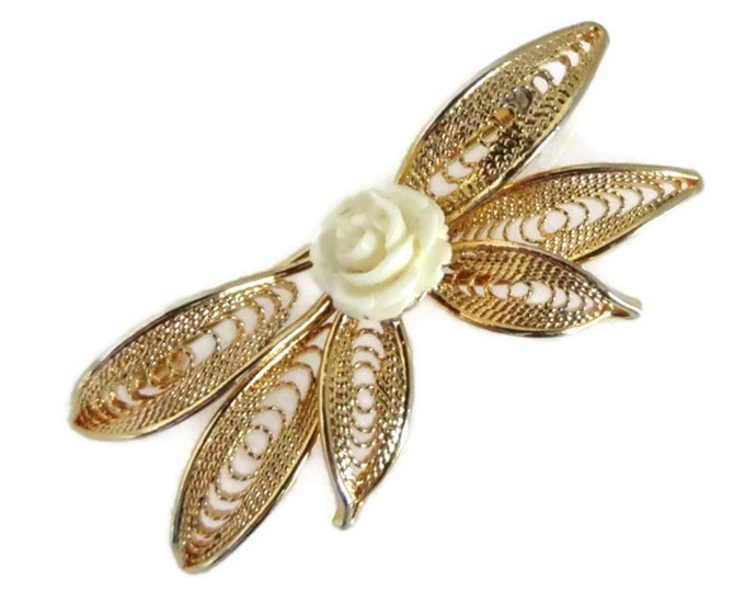 ON SALE! Hobe White Rose Gold Tone Brooch, Vintage Celluloid Rose Flower Pin