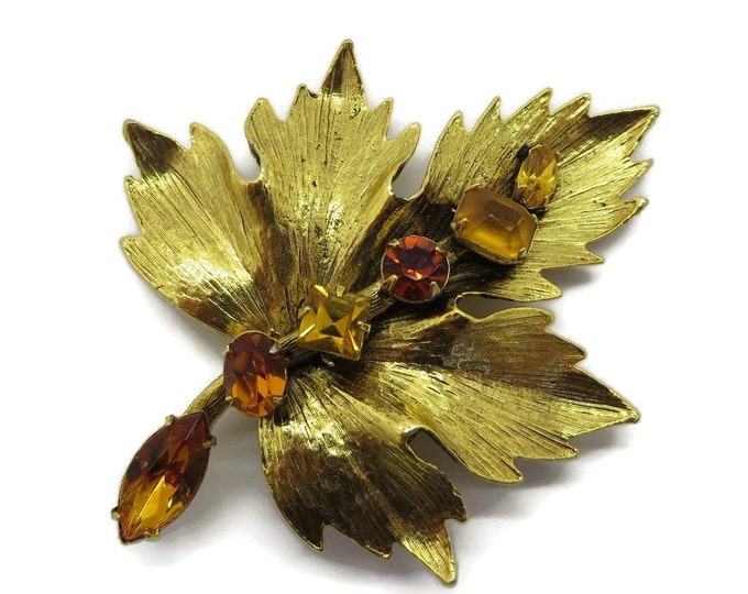 Vintage Graziano Brooch Gold Tone Amber Rhinestone Brooch, Vintage Designer Signed Estate Costume Jewelry Gift for Her