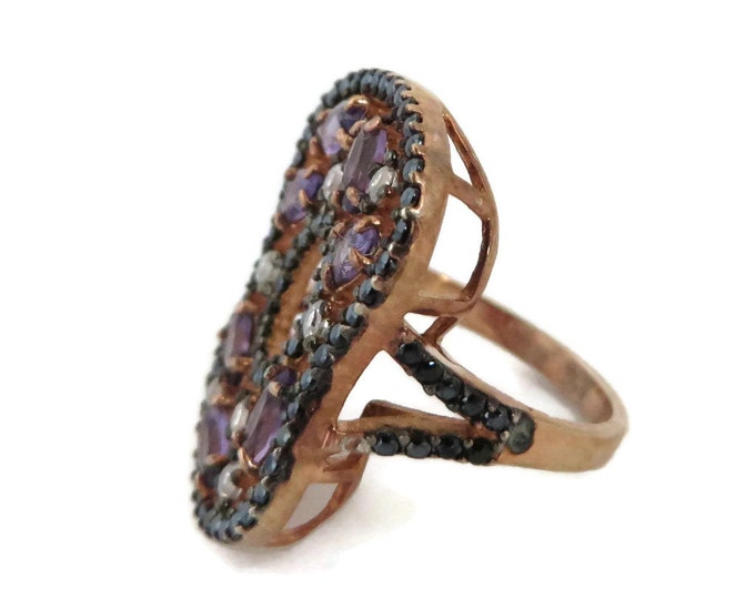 Amethyst, Sapphire, Topaz Ring, Vintage 14K Rose Gold over Sterling Silver Ring, Size 6