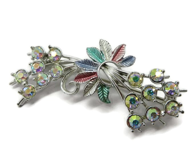 AB Rhinestone Flowers & Feathers Brooch, Vintage Silver Tone Pastel Pin