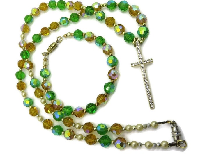 Cross Necklace Set, Rhinestone Bracelet Set, Vintage Green, Orange Beaded Bracelet, Necklace, Religious Demi Parure, Gift for Her