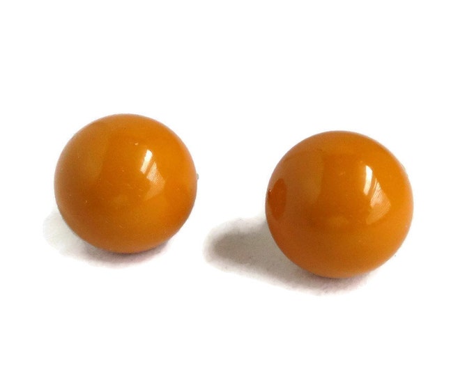 Pumpkin Orange Ball Earrings, Vintage Domed Gold Tone Clip-on Earrings