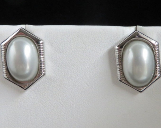 Trifari Faux Pearl Earrings, Vintage Silver Tone Pierced Stud Earrings, Signed Designer Jewelry