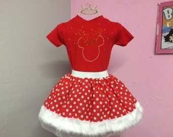 Baby Girl Toddler Christmas Minnie Mouse Reindeer or Angel Fancy Dress Party Costume Polka Dot Tutu Skirt Rhinestone Vesr or Shirt
