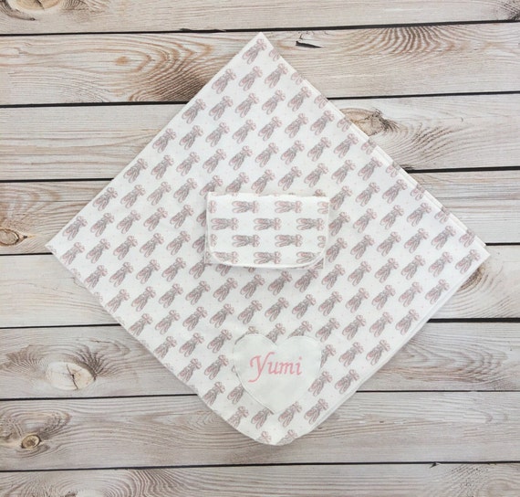 Over sized handmade flannel receiving blanket w/ matching burp