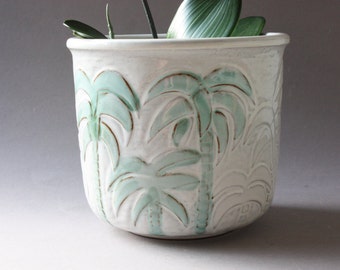 Large planter ceramic, flowerpot, flower pot, German pottery, vintage 80s 90s, white green palm trees, gift her wife women sister