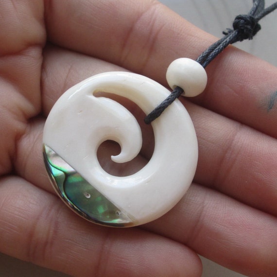 Maori Koru Necklace with Paua Shell From Buffalo Bone Carving