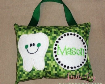 Minecraft Inspired Tooth Fairy Pillow In Green Bitmap Creeper Fabric