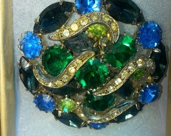 Vintage green & blue rhinestone large brooch 50s