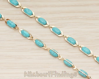 CHN131-G // Glossy Gold Plated Turquoise Colored Howlite Turquoise Linked Chain, 1 Meter.