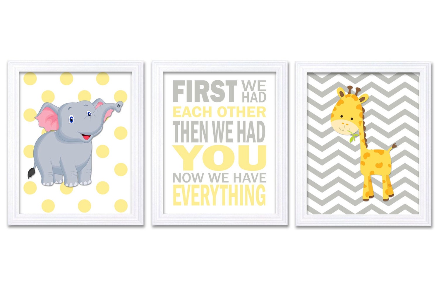 Giraffe Elephant Nursery Wall Decor Set of 3 Prints Yellow Grey Nursery Art Chevron Polka Dots First