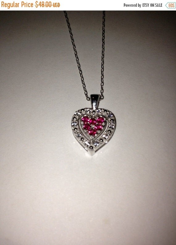 ON SALE Ruby White Sapphire Heart Necklace 18