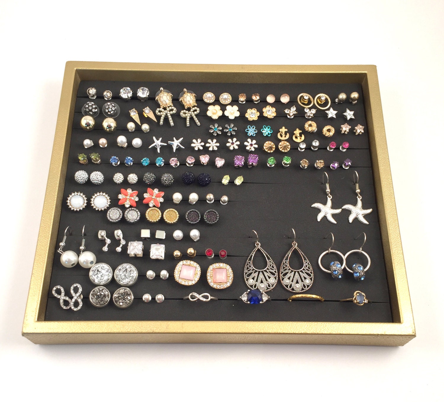 Gold Frame Jewelry Tray GOLD frameBLACK foam by NeverLostEarrings