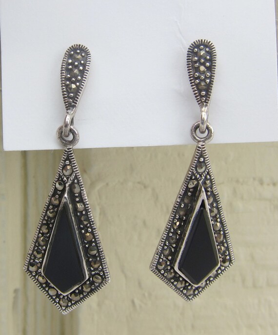 ON SALE Art Deco Style Drop Earrings Sterling Silver with