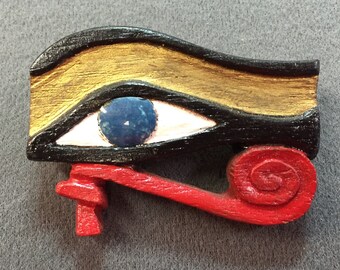 Eye of Horus Egyptian Theme Hand Carved and Painted Brooch with Stone Eye-Cool! Free shipping