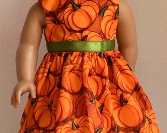 18" Doll Clothes American Made Doll Dress fits 18" Girl Doll - It's Fall Y'all Bright Orange Pumpkins