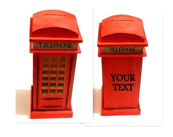 personalised Engraved Wooden Box, Red Wood Box, Telephone Box, Phone Box, Red Box, Money Box, Coin Bank, Box Money Bank