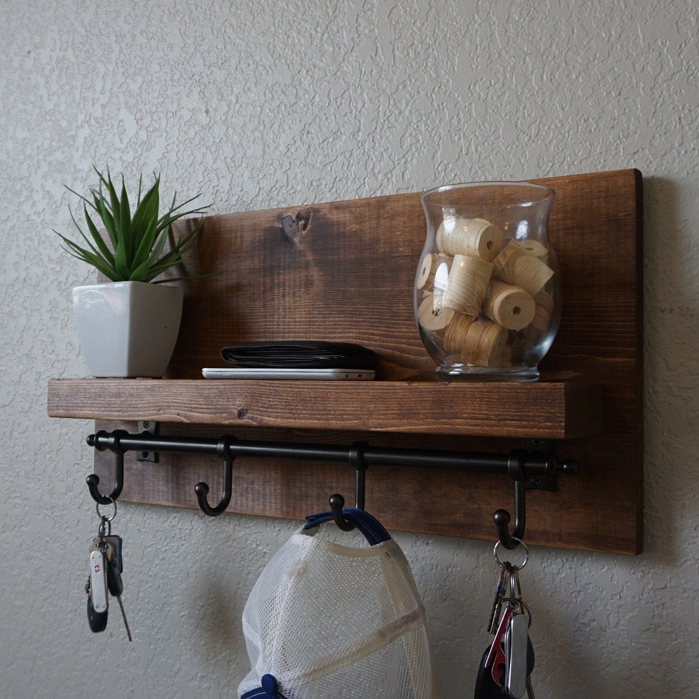 Modern Rustic Entryway Coat Rack Shelf with 4 Dark Bronze Rail