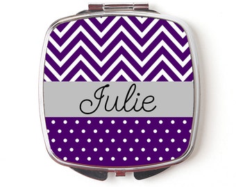 Personalized Compact Mirror - Royal Purple Chevron Personalized Compact Mirror - Personalized Bridesmaid Gift