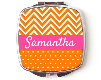 Personalized Compact Mirror - Personalized Bridesmaids Gifts - Orange & Pink Wedding - Chevron Purse Mirrors