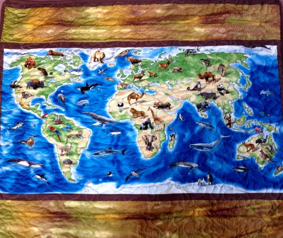 World Map Showing Native Animals Quilt 37 X 44