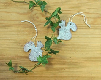 SALE! Ceramic squirrel ornaments- set of two, medium sized squirrels with lace pattern.