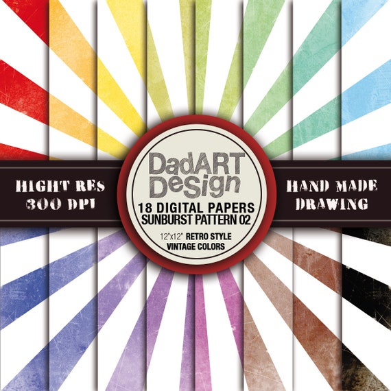 Retro SunBurst Ray Patterns digital paper 02 - vintage colors and surfaces - 18 Sheets - wallpaper
